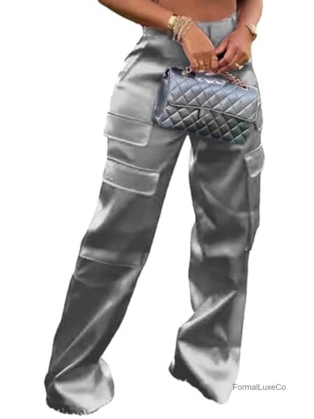 Satin Cargo Pants High Waisted Wide Leg Party Outfits
